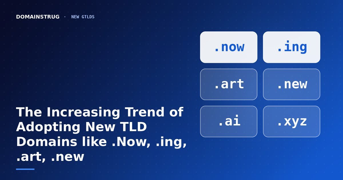 Tiles showing the new domain extensions .now, .ing, .art, .new, .ai and .xyz